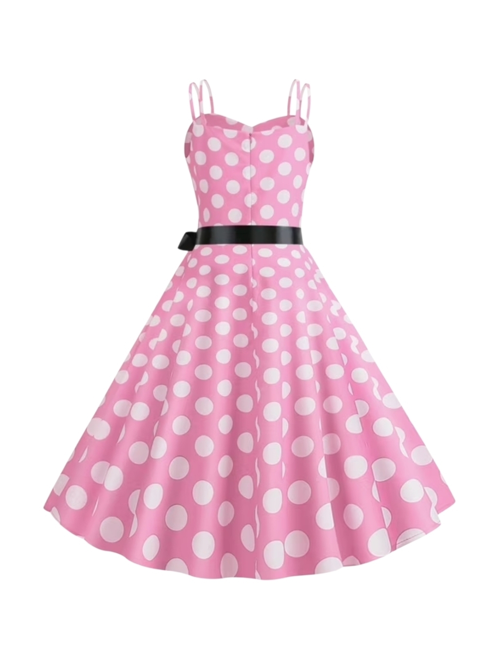 IWEMEK - Small Pink Polka Dot A-Line Dress with Black Waist Tie - Picture 6 of 10